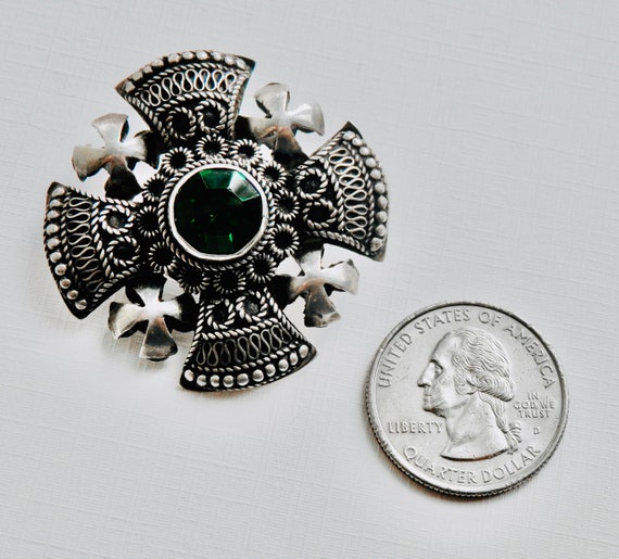 Jerusalem Cross Brooch Pin, 950 Silver Cannetille… - image 9
