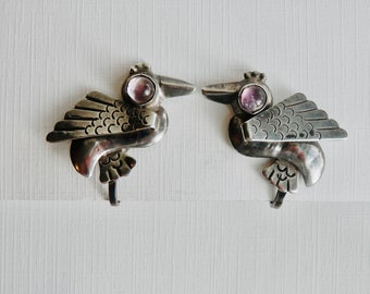 Vintage Mexican Silver Earrings, Amethyst Earrings, 1930s 1940s Jewelry, Bird Jewelry, Antique Jewelry, Taxco Mexico, 925