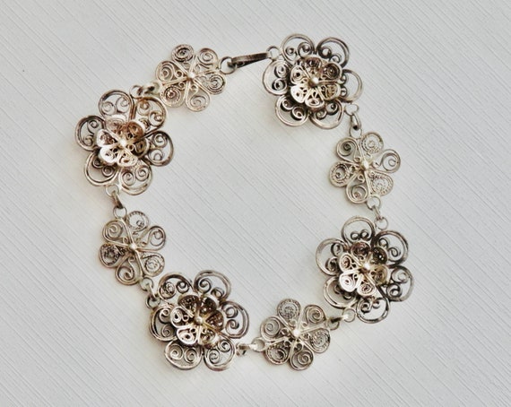 Antique Silver Filigree Bracelet, Silver Flower B… - image 2