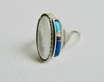 CAROLYN POLLACK Ring, Mother of Pearl, Inlaid Turquoise Lapis Turquoise Ring, Size 9, Sterling Silver Ring, Native Southwest Designer Signed