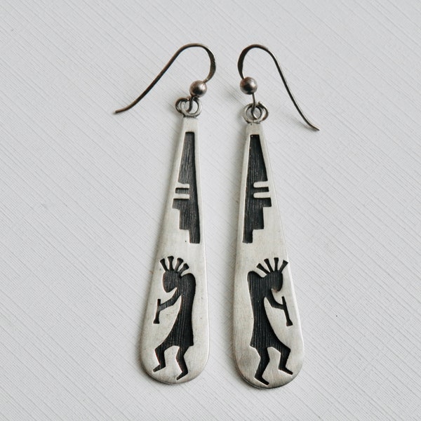 Hopi Overlay Earrings, Kokopelli Sterling Silver, Native American, Southwestern Jewelry, Dangle Earrings, 925, Vintage Hopi