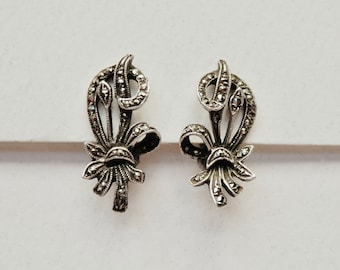 Vintage Marcasite Earrings, Antique Sterling Silver, Bouquet Of Flowers, Marcasite Ribbons, Vintage European Silver Jewelry, Clip Ons