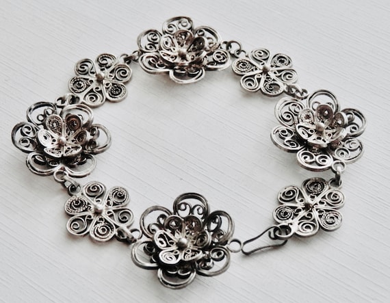 Antique Silver Filigree Bracelet, Silver Flower B… - image 4