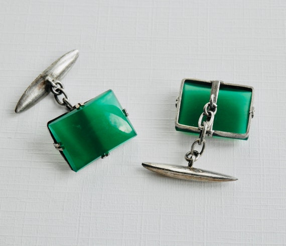 Antique Cuff Links, Sterling Silver, Green Chryso… - image 2