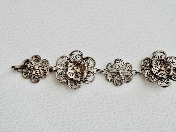 Antique Silver Filigree Bracelet, Silver Flower B… - image 5