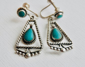 Turquoise Earrings, Petit Point, Sterling Silver, Southwestern, Native American Jewelry, Blue Turquoise Dangle Earrings, Screwbacks 925