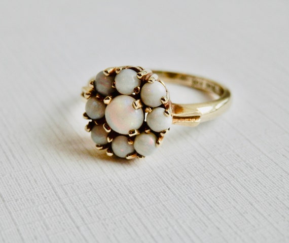 Opal Ring, SKAL 14K Ring, Yellow Gold, Flower Clu… - image 1