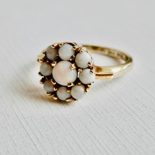 Opal Ring, SKAL 14K Ring, Yellow Gold, Flower Cluster, Cocktail Ring, October Birthstone, Size 6, 1960s-1970, Opal Flower, Girls Ring