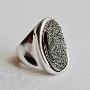 Può includere: Un anello color argento caratterizzato da un grande elemento centrale di forma ovale con una superficie testurizzata, grigio scuro e scintillante. La fascia è liscia e lucida, con una struttura ampia e solida che si restringe sul retro.