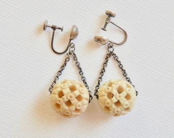 Bone Earrings, Sterling Silver, Pendulum, Dangle Chains, Screwbacks, Vintage Silver Earrings, Carved Bone, Spheres, Antique Jewelry