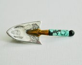 Native American Pin, Tie Clasp, Turquoise Onyx, Sterling Silver, Gold Vermeil, Native Signed Southwest, Garden Tools, Trowel Shovel, Hat Pin