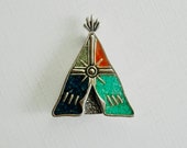 Native American Brooch, Teepee Pin, Sterling Silver, Inlaid Turquoise Coral Lapis, Southwestern Signed Happiness, Native Southwest Jewelry