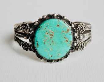 Vintage Navajo Sterling Silver Cuff Bracelet, Green Turquoise, Old Pawn, Signed Native American, Southwest Vintage Jewelry, Oval Stone