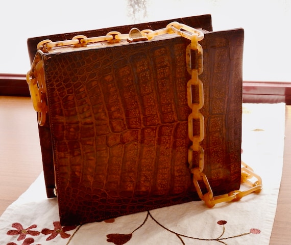 Vintage Alligator Purse, 1960s Mid Century, Tortoi