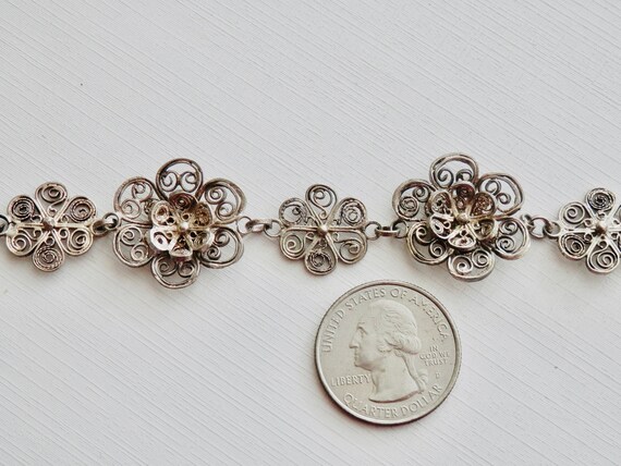Antique Silver Filigree Bracelet, Silver Flower B… - image 10