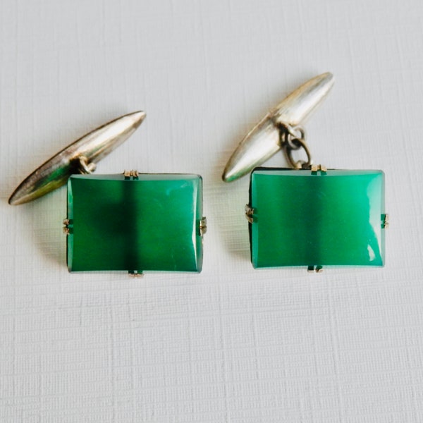 Antique Cuff Links, Sterling Silver, Green Chrysoprase, Art Deco Jewelry, Vintage 1920s 1930s, Mans Suit, Groom Accessories, Bridal Party