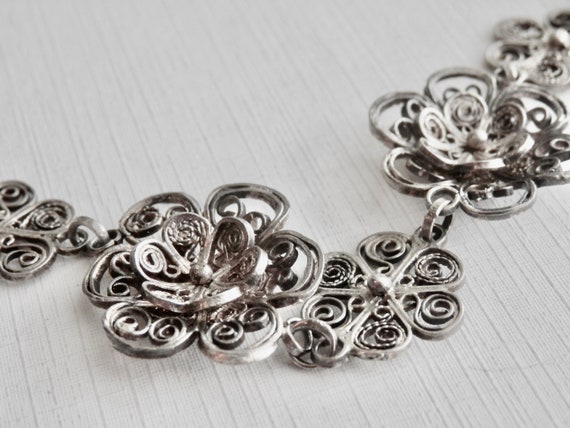 Antique Silver Filigree Bracelet, Silver Flower B… - image 8