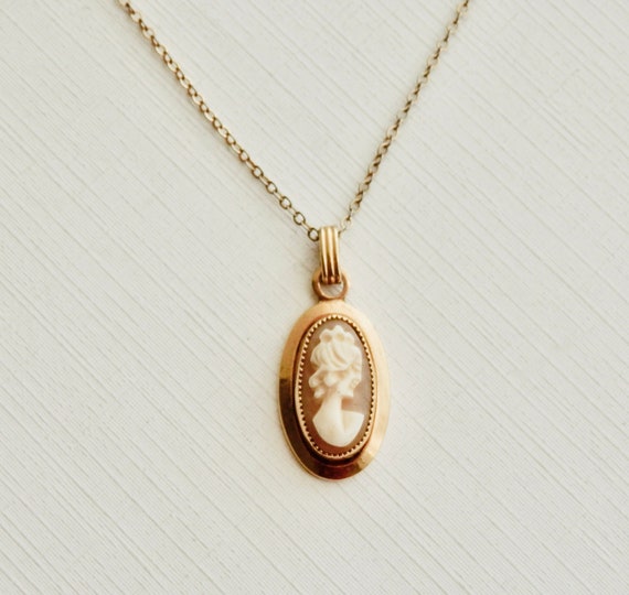 Vintage Cameo Necklace, 12K GF Pink Cameo, Oval C… - image 1