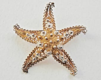 Gold Starfish Brooch, 800 Silver Cannetille Filigree, Gold Overlay, Gold Vermeil, Starfish Jewelry, Nautical, Beach Resort, Vintage Pin