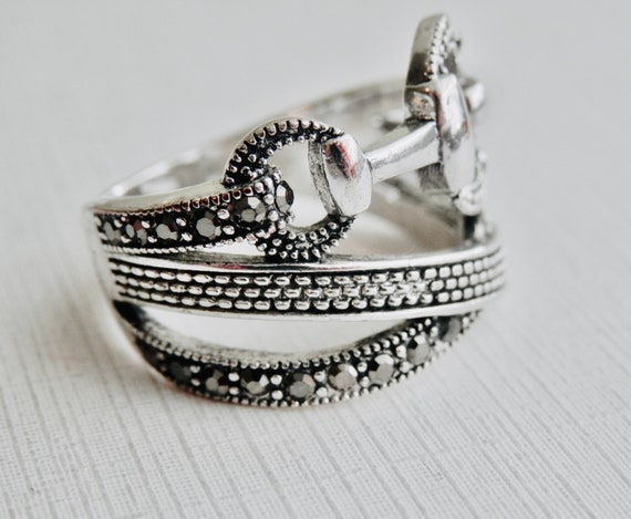Marcasite Buckle Ring, Silver Key Ring, Wraparoun… - image 3