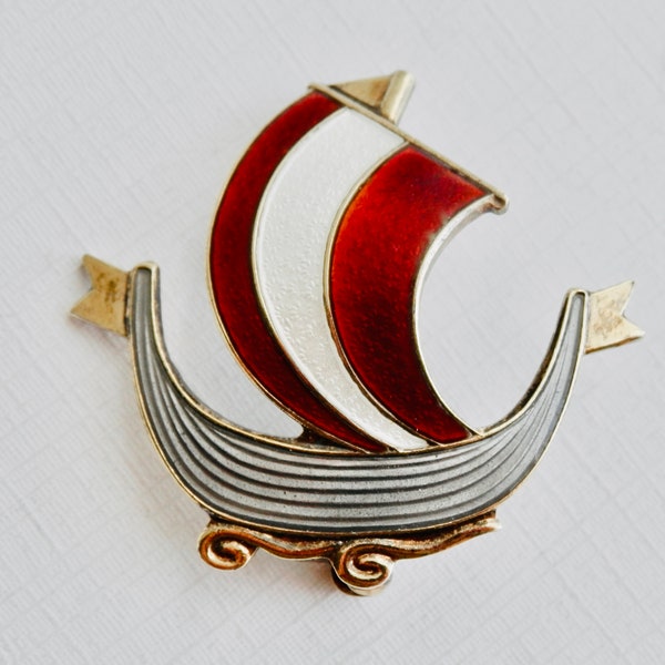 AKSEL HOLMSEN Viking Brooch, Sterling Silver, Viking Ship Pin, Gold Overlay, Vintage Scandinavian Signed Jewelry, Enamel Guilloche, Norway
