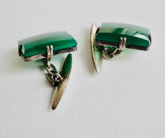 Antique Cuff Links, Sterling Silver, Green Chryso… - image 6