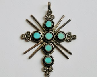 ZUNI Cross Pendant, Native American, Sterling Silver, Dishta Turquoise Flush Inlay, Petit Point, Vintage Turquoise Cross, Southwestern