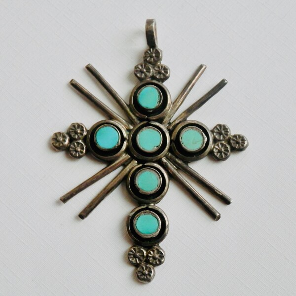 ZUNI Cross Pendant, Native American, Sterling Silver, Dishta Turquoise Flush Inlay, Petit Point, Vintage Turquoise Cross, Southwestern