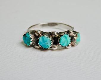 Turquoise Ring, Native American, Sterling Silver Southwestern, Multi Stone Chunky Turquoise, Size 7, Navajo Vintage Jewelry, Blue Turquoise