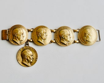 Vintage Coin Bracelet, Goldtone Coin Bracelet, US Presidents, Coin Collection, Coin Jewelry, Charm Bracelet, 1950s 1960s, FDR, Abe, Truman