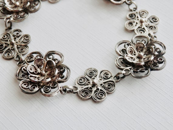 Antique Silver Filigree Bracelet, Silver Flower B… - image 3