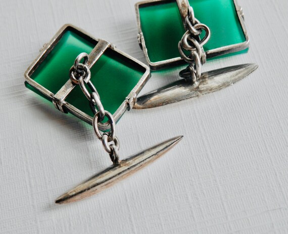 Antique Cuff Links, Sterling Silver, Green Chryso… - image 7