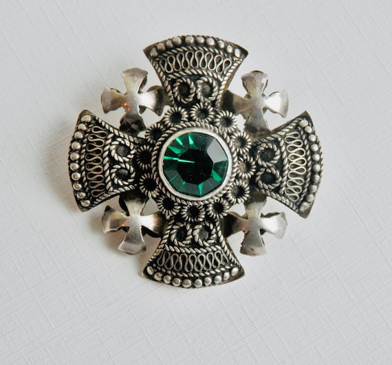 Jerusalem Cross Brooch Pin, 950 Silver Cannetille… - image 1