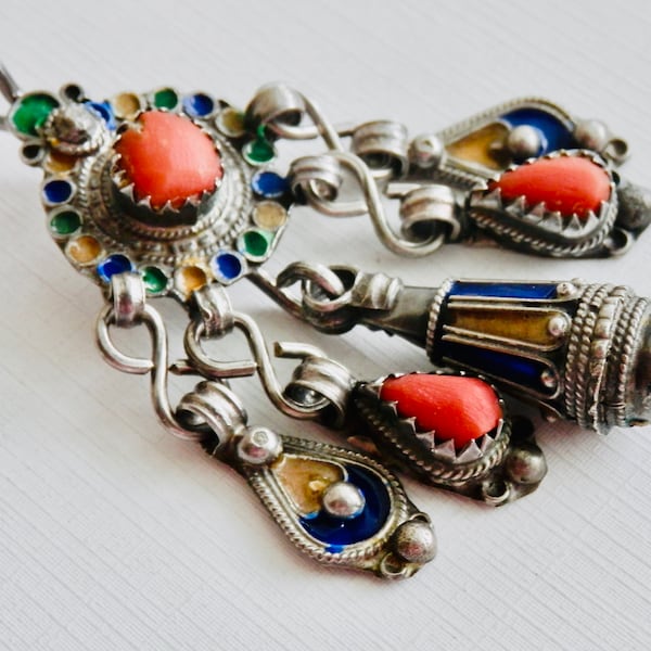 Vintage Berber Kabyle Brooch Pendant, Old Algerian Silver, Natural Coral, Enamel, Algerian Pendant, Tribal Jewelry, Ethnic Fez Ornament