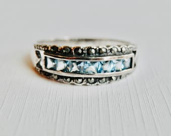 Channel Set Blue Topaz Marcasite Ring, Sterling Silver, December Birthstone, Vintage Ring, SZ 9, Blue Stone Baguettes, Vintage Wedding Band