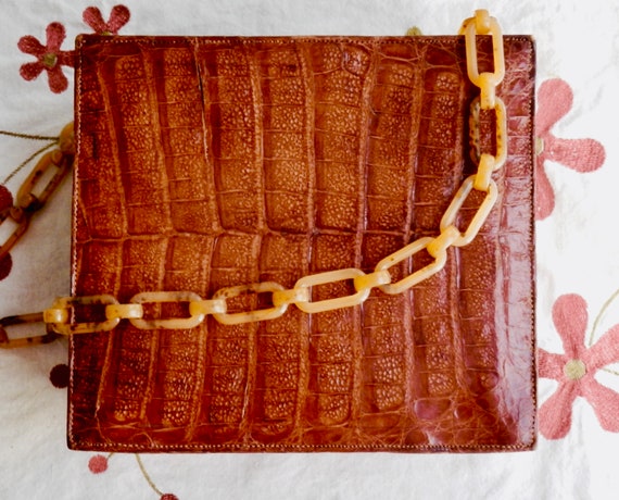 Vintage Alligator Purse, 1960s Mid Century, Tortoi