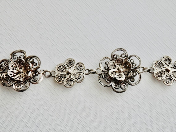 Antique Silver Filigree Bracelet, Silver Flower B… - image 6
