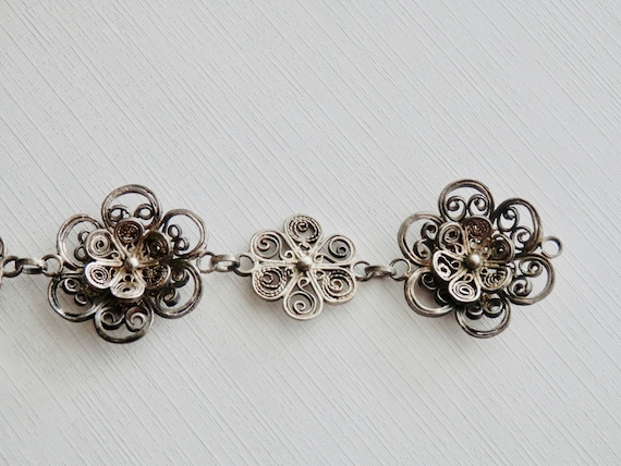 Antique Silver Filigree Bracelet, Silver Flower B… - image 7