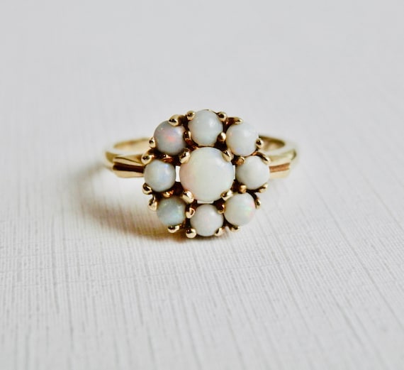 Opal Ring, SKAL 14K Ring, Yellow Gold, Flower Clu… - image 10