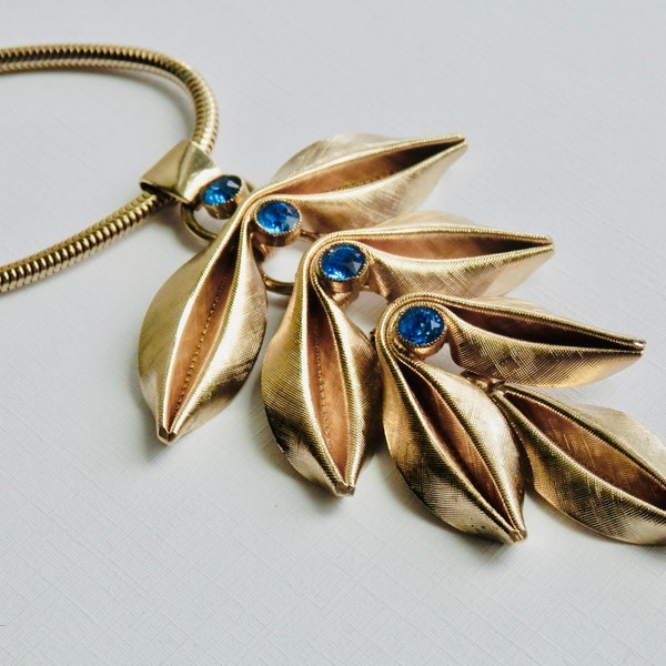 Vintage NAPIER Necklace, Articulated Pendant, Sapphire Stones, Brushed Gold Tone Leaves, Snake Chain, Vintage Designer Signed Jewelry