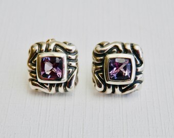 ZINA of Beverly Hills, Sterling Silver Earrings, Amethyst Earrings, Modernist Square Earrings, Signed Designer Jewelry, Vintage 1980s