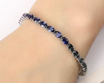 Pulsera de tenis arcoíris - Plata de ley (925/1000) bañada en oro blanco de 18 quilates - zafiros - 5 capas de baño de oro/rodio - 2 años de garantía
