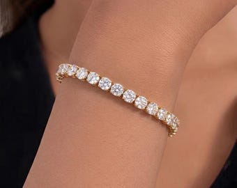 Pulsera de tenis/río en plata de ley 925 bañada en oro amarillo y moissanitas de alta calidad - Regalo de cumpleaños/Navidad/San Valentín