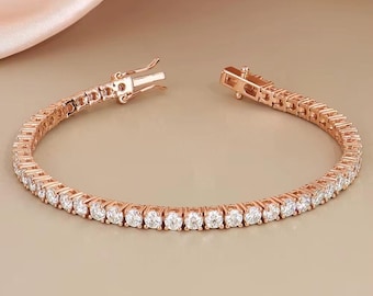 Pulsera de tenis/río en plata de ley 925 bañada en oro rosa y moissanitas de alta calidad - Regalo de cumpleaños/Navidad/San Valentín