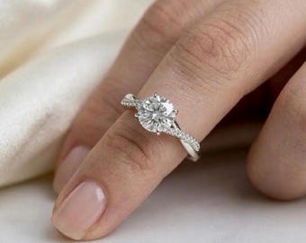 Anillo solitario con paneles laterales en plata de ley 925 y moissanita - Anillo de boda minimalista con diseño entrelazado para mujer.