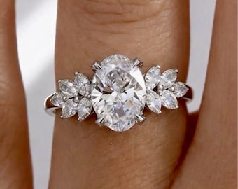Anillo solitario con diamante ovalado y 10 diamantes talla marquesa - Oro macizo de 18 quilates - Motivo floral - Anillo de compromiso para mujer