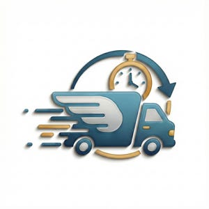 Peut inclure: Un camion de livraison bleu avec des ailes blanches et une icône d'horloge dorée, suggérant une livraison rapide. Le camion a un design stylisé avec une flèche incurvée et des lignes de vitesse, le tout sur fond blanc.