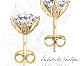 Pendientes de flores en plata y moissanita de 2 quilates - Colección Floral: Rosa, Lirio, Tulipán, Loto, Jacinto - Regalo de cumpleaños para mujer
