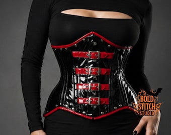 Black Red PVC Underbust Corset – Steel Boned Vinyl Waist Cincher, Gothic Fetish Clubwear Corset Belt, Plus Size