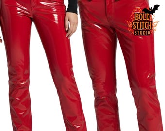 Pantalones de vinilo rojo para hombre y mujer / Pantalones de PVC de alto brillo / Pantalones ajustados brillantes / Conjunto para discoteca y festival rave